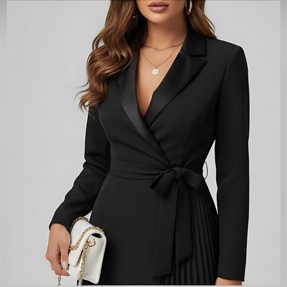Shawl Collar Pleated Detail Knot Side Wrap Dress Black - Picture 3 of 6